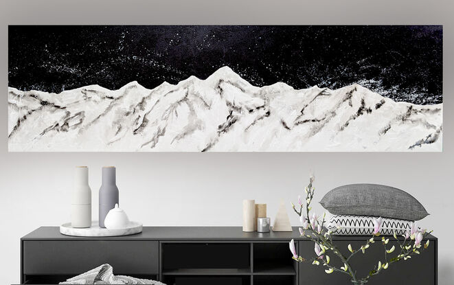 A large abstract painting of the Australian high country in black and white