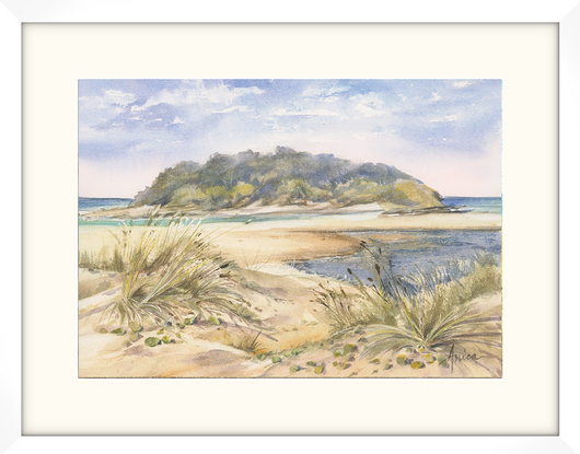 Watercolour painting of Lake Tabourie showing Crampton Island and sand dunes in the foreground.