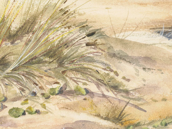 Watercolour painting of Lake Tabourie showing Crampton Island and sand dunes in the foreground.