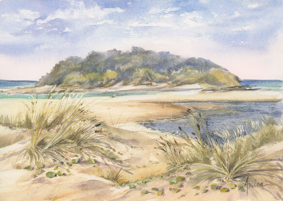 Watercolour painting of Lake Tabourie showing Crampton Island and sand dunes in the foreground.