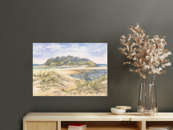 Watercolour painting of Lake Tabourie showing Crampton Island and sand dunes in the foreground.