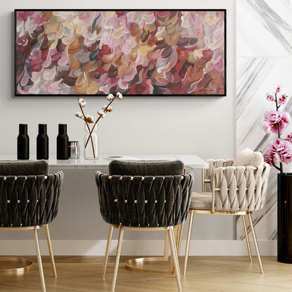 large colourful abstract canvas print of an impressionist style landscape of pink flowers in bloom