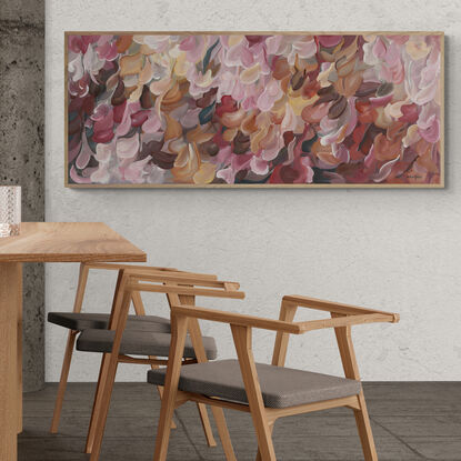 large colourful abstract canvas print of an impressionist style landscape of pink flowers in bloom