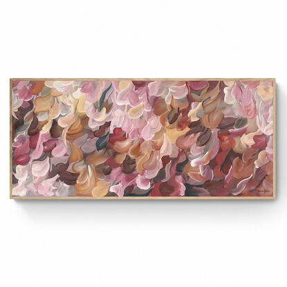 large colourful abstract canvas print of an impressionist style landscape of pink flowers in bloom