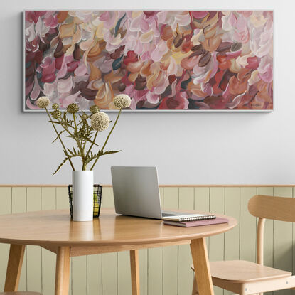 large colourful abstract canvas print of an impressionist style landscape of pink flowers in bloom