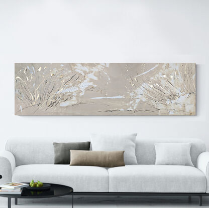 A large abstract painting of the Australian outback in earth colours, rust, brown, gold and bronze.