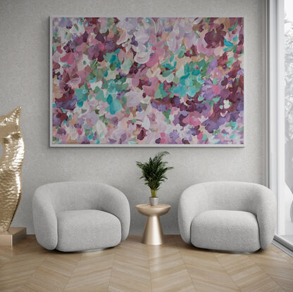 large colourful abstract canvas print of a n impressionist style landscape of pink flowers in bloom