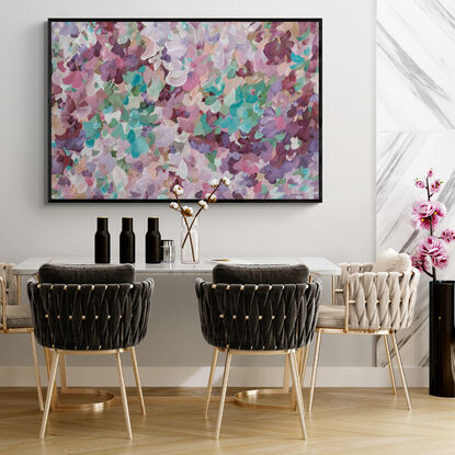 large colourful abstract canvas print of a n impressionist style landscape of pink flowers in bloom