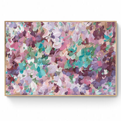 large colourful abstract canvas print of a n impressionist style landscape of pink flowers in bloom