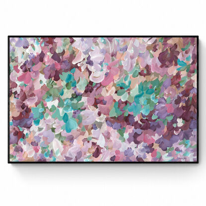 large colourful abstract canvas print of a n impressionist style landscape of pink flowers in bloom