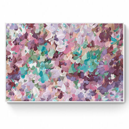 large colourful abstract canvas print of a n impressionist style landscape of pink flowers in bloom