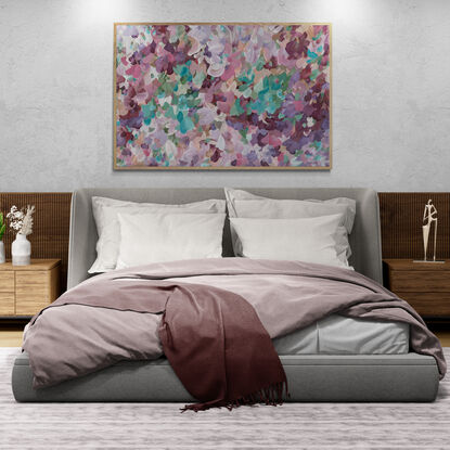 large colourful abstract canvas print of a n impressionist style landscape of pink flowers in bloom