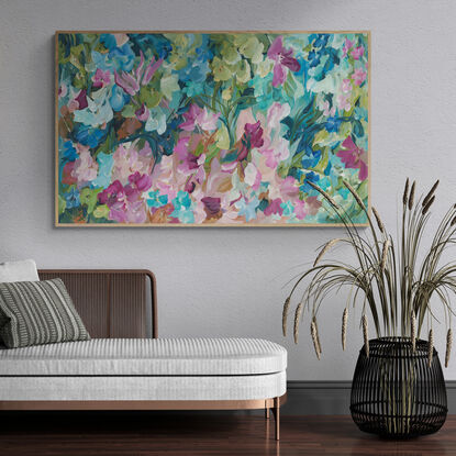 large colourful abstract canvas print of an modern expressive floral style of landscape with pink and blue flowers in bloom