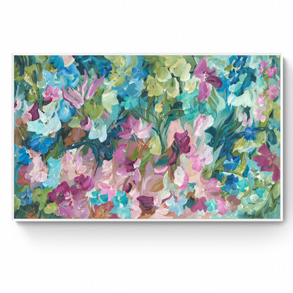 large colourful abstract canvas print of an modern expressive floral style of landscape with pink and blue flowers in bloom