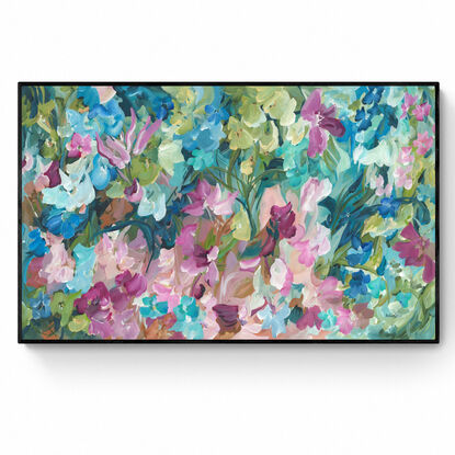 large colourful abstract canvas print of an modern expressive floral style of landscape with pink and blue flowers in bloom