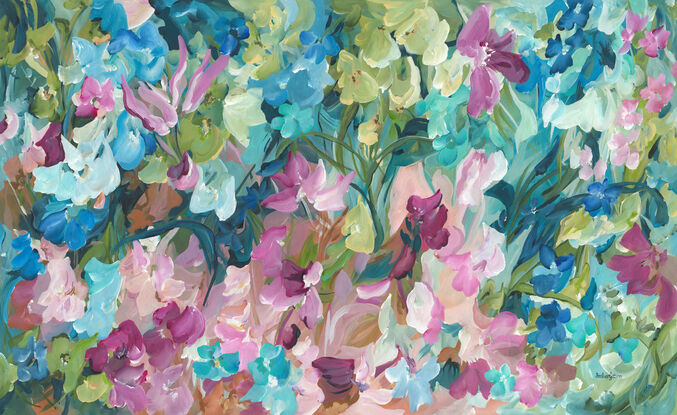 large colourful abstract canvas print of an modern expressive floral style of landscape with pink and blue flowers in bloom