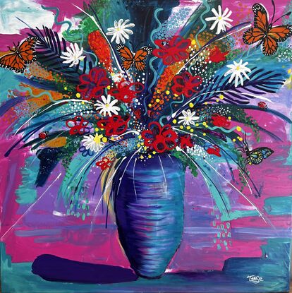 A vase with vibrant colours popping out with butterflies, dots, ferns , line work, and pop of flowers