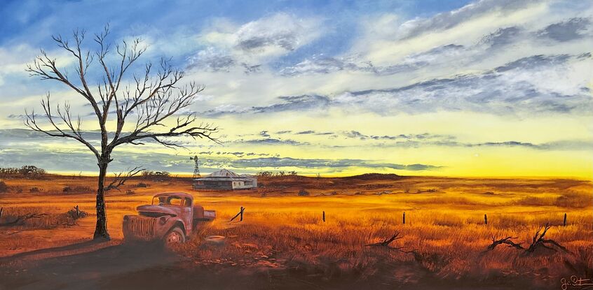 Outback sunset, truck. wreck and Farm House 