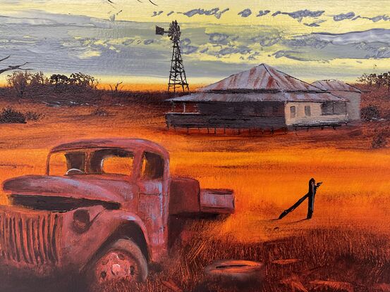 Outback sunset, truck. wreck and Farm House 