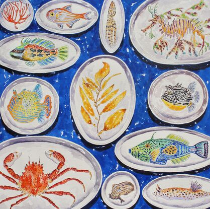 A colorful original watercolor of a collection of handmade ceramic plates with sea life painted on them including a leafy sea dragon, a crab, an octopus, a sea slug and an assortment  of reef fish all on a bright blue background.