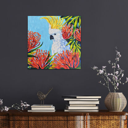 Cockatoo's Secret Garden one of a kind acrylic painting on canvas by Irina Redine. Sulphur-Crested Cockatoo original painting for sale