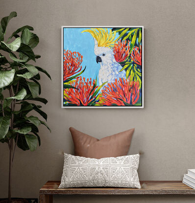 Cockatoo's Secret Garden one of a kind acrylic painting on canvas by Irina Redine. Sulphur-Crested Cockatoo original painting for sale