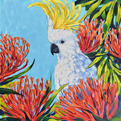 Cockatoo's Secret Garden one of a kind acrylic painting on canvas by Irina Redine. Sulphur-Crested Cockatoo original painting for sale