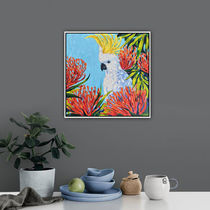 Cockatoo's Secret Garden one of a kind acrylic painting on canvas by Irina Redine. Sulphur-Crested Cockatoo original painting for sale