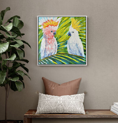 Cockatoos Sun-Kissed Secrets one of a kind acrylic painting on canvas by Irina Redine. Sulphur-Crested Cockatoo and Major Mitchel Cockatoo original painting for sale