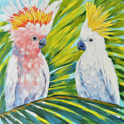 Cockatoos Sun-Kissed Secrets one of a kind acrylic painting on canvas by Irina Redine. Sulphur-Crested Cockatoo and Major Mitchel Cockatoo original painting for sale