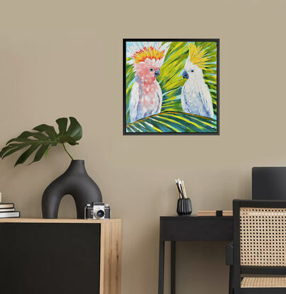 Cockatoos Sun-Kissed Secrets one of a kind acrylic painting on canvas by Irina Redine. Sulphur-Crested Cockatoo and Major Mitchel Cockatoo original painting for sale