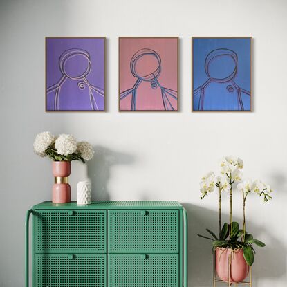 Simplistic line portraits, black and white on in trend colours, red, Oliver green and blush. 