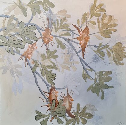 Muted sunbleached tones of white, soft greys, creams, greens, rust and pinks. Abstract banksias on drooping branches outlined and given perspective with scrawling charcoal definition.