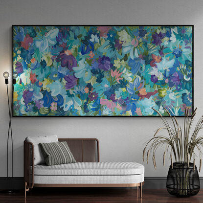 large colourful abstract canvas print of an modern expressive floral style of landscape with purple and blue flowers in bloom