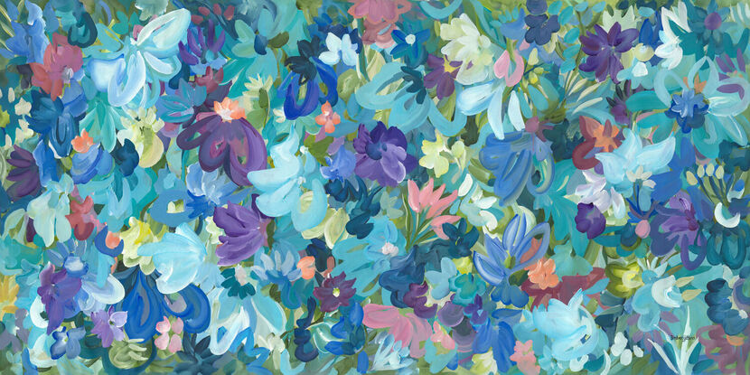 large colourful abstract canvas print of an modern expressive floral style of landscape with purple and blue flowers in bloom