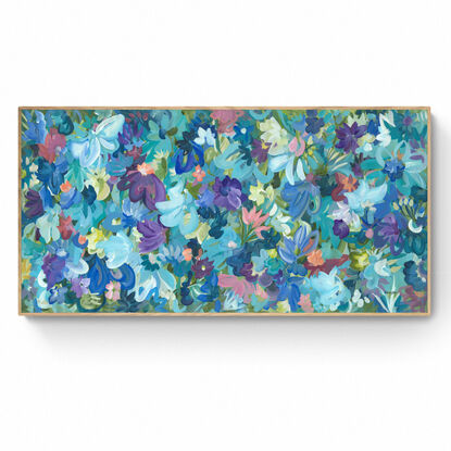 large colourful abstract canvas print of an modern expressive floral style of landscape with purple and blue flowers in bloom