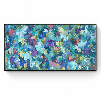 large colourful abstract canvas print of an modern expressive floral style of landscape with purple and blue flowers in bloom