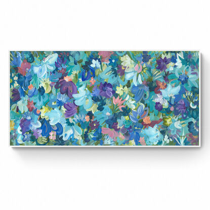 large colourful abstract canvas print of an modern expressive floral style of landscape with purple and blue flowers in bloom