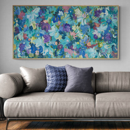 large colourful abstract canvas print of an modern expressive floral style of landscape with purple and blue flowers in bloom