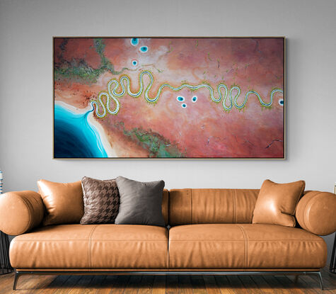 Textured Aerial abstract landscape in soft pastel tones, mark making with blue river flowing to the sea with white sand and clear blue water.
