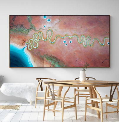 Textured Aerial abstract landscape in soft pastel tones, mark making with blue river flowing to the sea with white sand and clear blue water.
