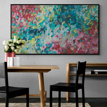 large colourful abstract canvas print of an modern impressionist style of minimal landscape with pink and blue colours.