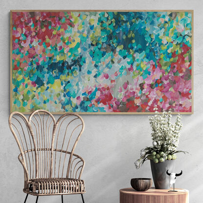 large colourful abstract canvas print of an modern impressionist style of minimal landscape with pink and blue colours.