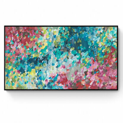 large colourful abstract canvas print of an modern impressionist style of minimal landscape with pink and blue colours.