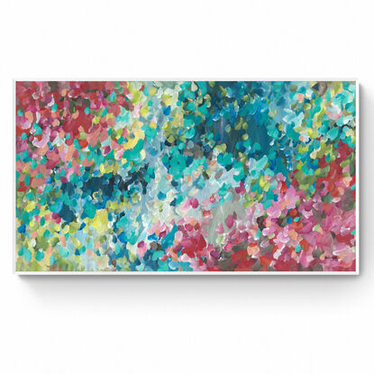 large colourful abstract canvas print of an modern impressionist style of minimal landscape with pink and blue colours.