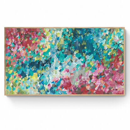 large colourful abstract canvas print of an modern impressionist style of minimal landscape with pink and blue colours.