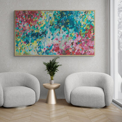 large colourful abstract canvas print of an modern impressionist style of minimal landscape with pink and blue colours.