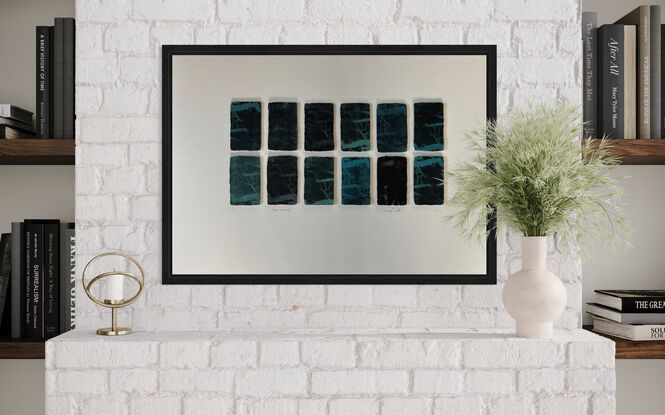 14 mini etching panels. Imagery is of the interior of the heart, the imagery looks like a root system or tree branches. Blue, black colours. 2 rows of 7 panels printed on handmade Japanese paper with soft deckled irregular edges. Mounted and unframed.