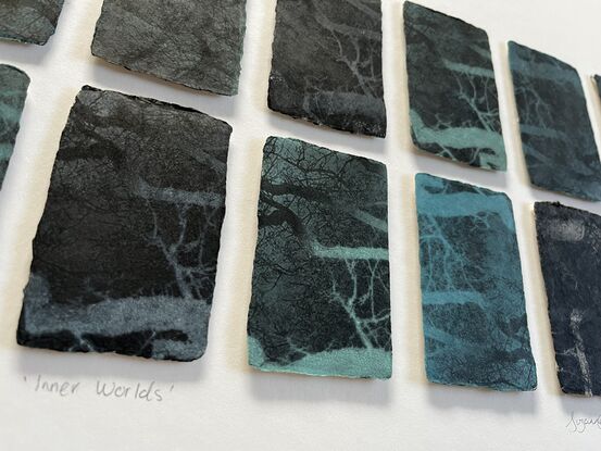 14 mini etching panels. Imagery is of the interior of the heart, the imagery looks like a root system or tree branches. Blue, black colours. 2 rows of 7 panels printed on handmade Japanese paper with soft deckled irregular edges. Mounted and unframed.