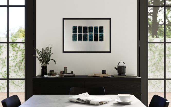 14 mini etching panels. Imagery is of the interior of the heart, the imagery looks like a root system or tree branches. Blue, black colours. 2 rows of 7 panels printed on handmade Japanese paper with soft deckled irregular edges. Mounted and unframed.